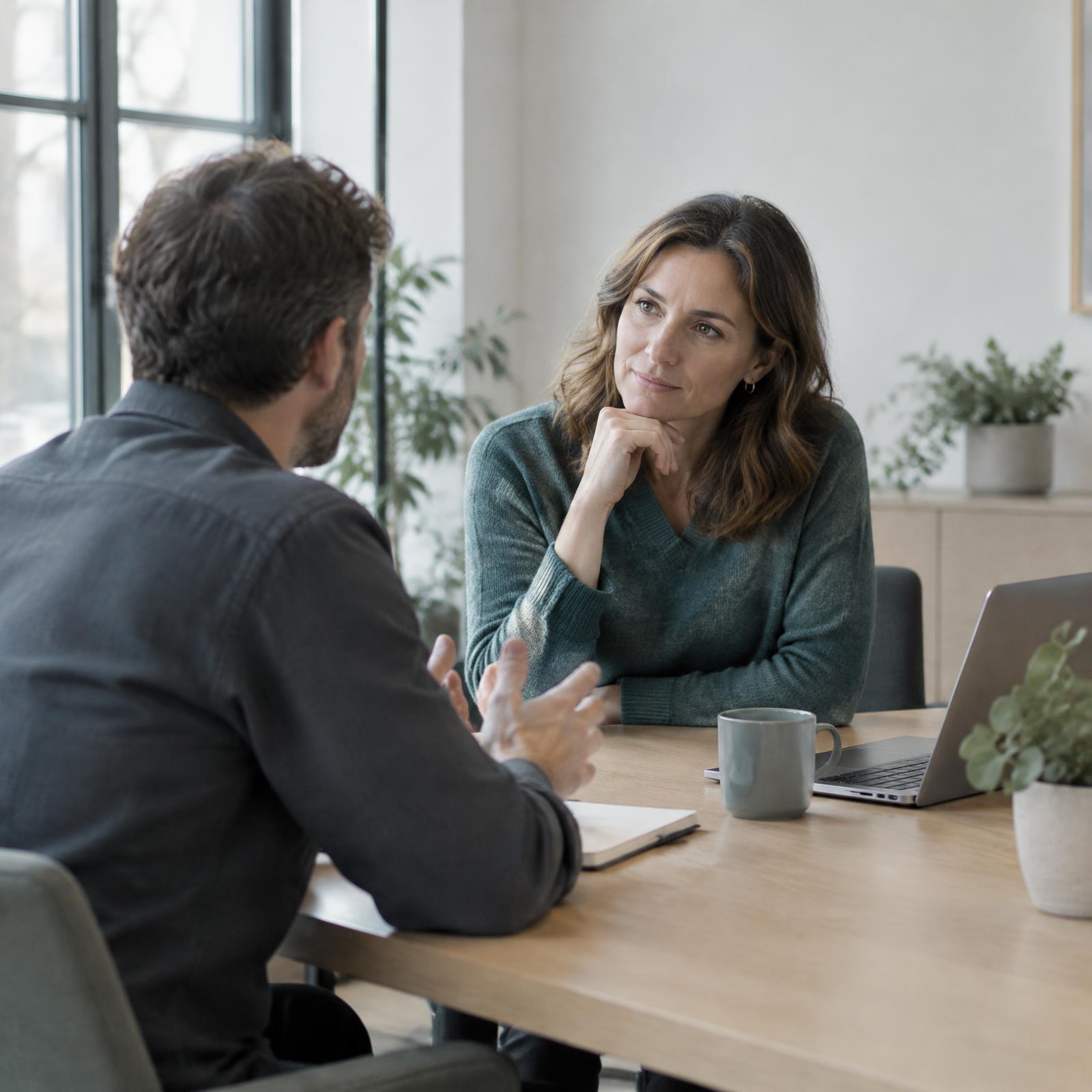 Twee professionals in gesprek aan een lichte werkplek — sfeerbeeld